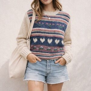 Hand Knit Heart Fair Isle Sweater | Cottagecore Spring Sweater | Size Medium